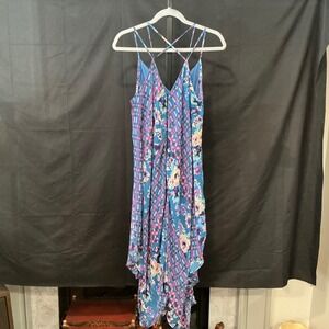 ASTR Dress Blue Pink Floral Print Midi Spaghetti Strap V Neck Women Size S